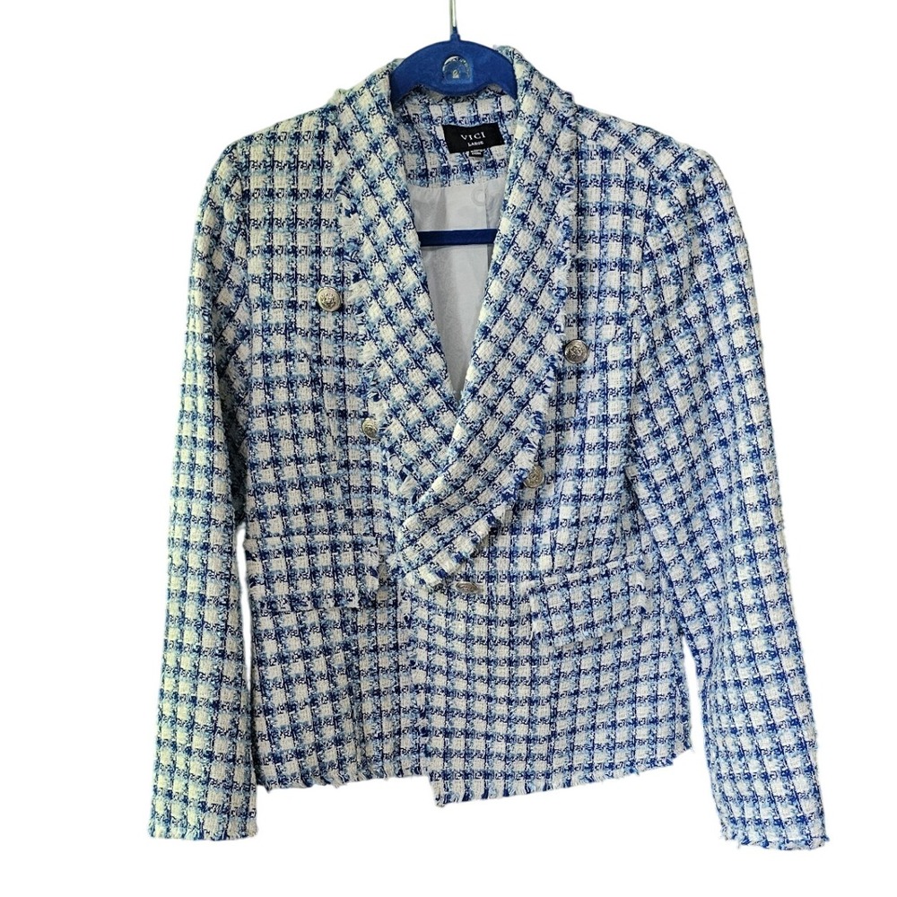 Vici Collection Blue Tweed Blazer Silver Buttons Frayed Trim Size Large - Picture 4 of 8